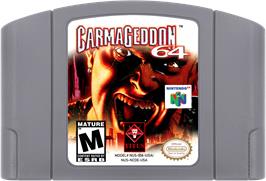 Cartridge artwork for Carmageddon 64 on the Nintendo N64.