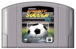Cartridge artwork for J-League Dynamite Soccer 64 on the Nintendo N64.