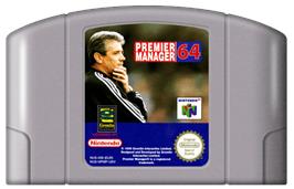 Cartridge artwork for Premier Manager 64 on the Nintendo N64.