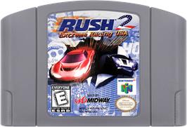 Cartridge artwork for Rush 2: Extreme Racing USA on the Nintendo N64.