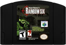 Cartridge artwork for Tom Clancy's Rainbow Six on the Nintendo N64.