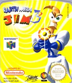Top of cartridge artwork for Earthworm Jim 3D on the Nintendo N64.