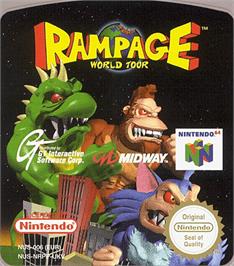 Top of cartridge artwork for Rampage: World Tour on the Nintendo N64.