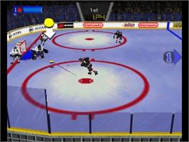 In game image of Wayne Gretzky's 3D Hockey '98 on the Nintendo N64.