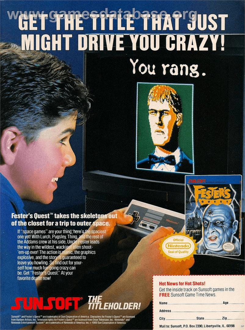 Fester's Quest - Nintendo NES - Artwork - Advert