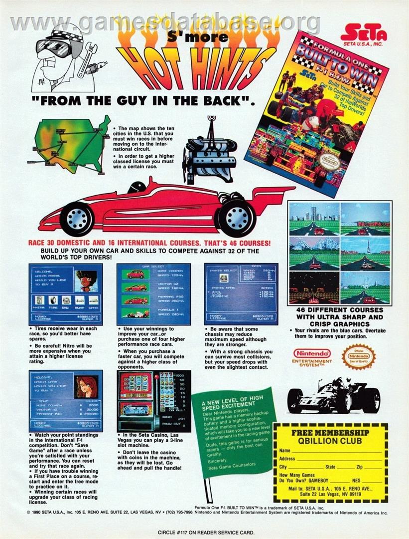 Formula 1: Built to Win - Nintendo NES - Artwork - Advert