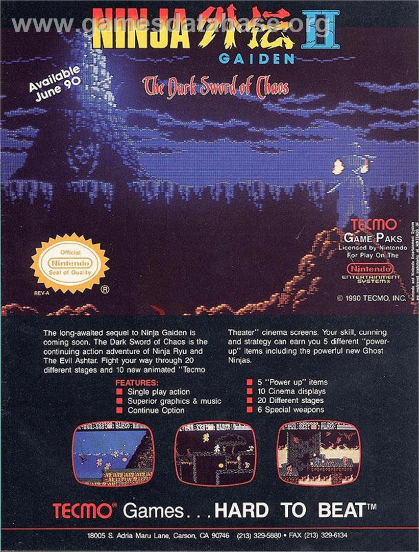 Ninja Gaiden II: The Dark Sword of Chaos - Nintendo NES - Artwork - Advert