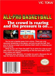 Box back cover for All Pro Basketball on the Nintendo NES.