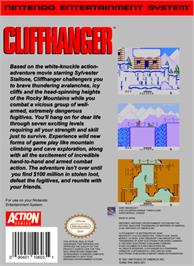 Box back cover for Cliffhanger on the Nintendo NES.