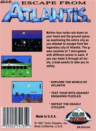 Box back cover for Escape from Atlantis on the Nintendo NES.