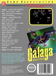 Box back cover for Galaga on the Nintendo NES.