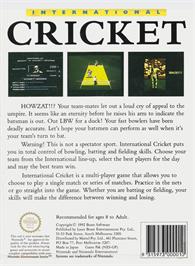 Box back cover for International Cricket on the Nintendo NES.