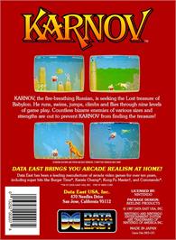 Box back cover for Karnov on the Nintendo NES.