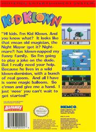 Box back cover for Kid Klown In Night Mayor World on the Nintendo NES.