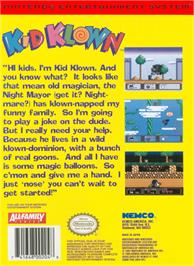 Box back cover for Kid Klown in Night Mayor World on the Nintendo NES.