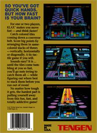 Box back cover for Klax on the Nintendo NES.