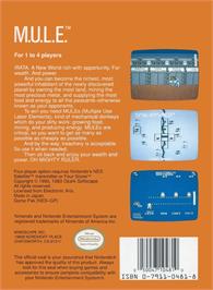 Box back cover for M.u.l.e. on the Nintendo NES.