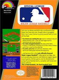 Box back cover for Major League Baseball on the Nintendo NES.