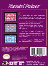 Box back cover for Mendel Palace on the Nintendo NES.
