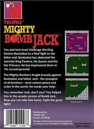 Box back cover for Mighty Bomb Jack on the Nintendo NES.