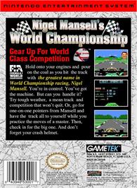 Box back cover for Nigel Mansell's World Championship on the Nintendo NES.