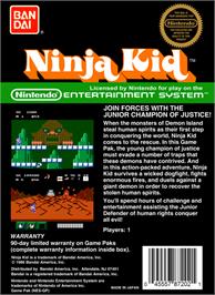 Box back cover for Ninja Kid on the Nintendo NES.