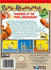 Box back cover for Panic Restaurant on the Nintendo NES.