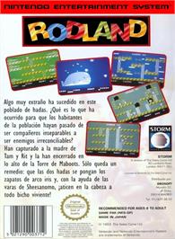 Box back cover for Rod Land on the Nintendo NES.