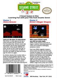 Box back cover for Sesame Street 1 2 3 on the Nintendo NES.
