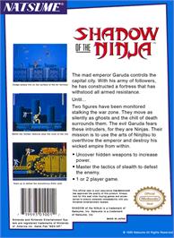 Box back cover for Shadow of the Ninja on the Nintendo NES.
