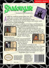 Box back cover for Shadowgate on the Nintendo NES.
