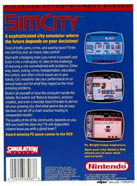 Box back cover for Sim City on the Nintendo NES.
