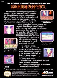 Box back cover for Swords And Serpents on the Nintendo NES.