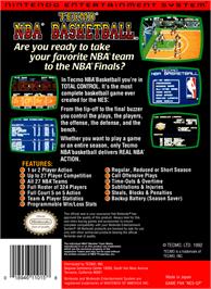 Box back cover for Tecmo NBA Basketball on the Nintendo NES.