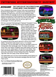 Box back cover for Teenage Mutant Ninja Turtles - Tournament Fighters on the Nintendo NES.