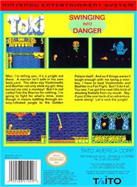 Box back cover for Toki on the Nintendo NES.