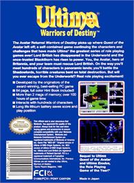 Box back cover for Ultima - Warriors Of Destiny on the Nintendo NES.