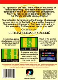 Box back cover for Ultimate League Soccer on the Nintendo NES.