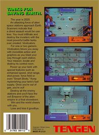 Box back cover for Vindicators on the Nintendo NES.