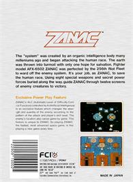 Box back cover for Zanac on the Nintendo NES.