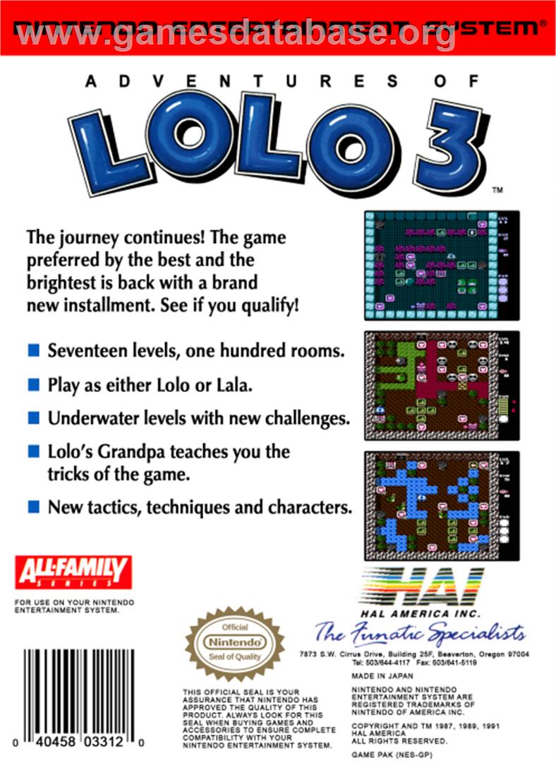 Adventures of Lolo  3 - Nintendo NES - Artwork - Box Back