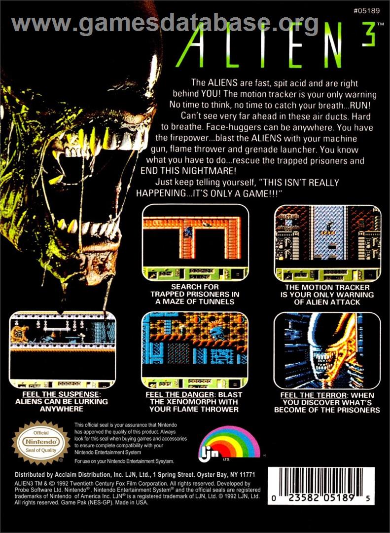Alien 3 - Nintendo NES - Artwork - Box Back