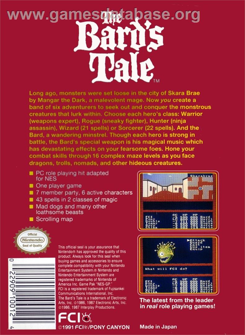 Bard's Tale, The - Nintendo NES - Artwork - Box Back