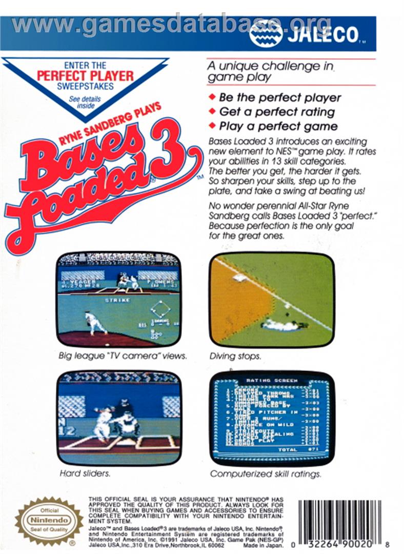 Bases Loaded 3 - Nintendo NES - Artwork - Box Back