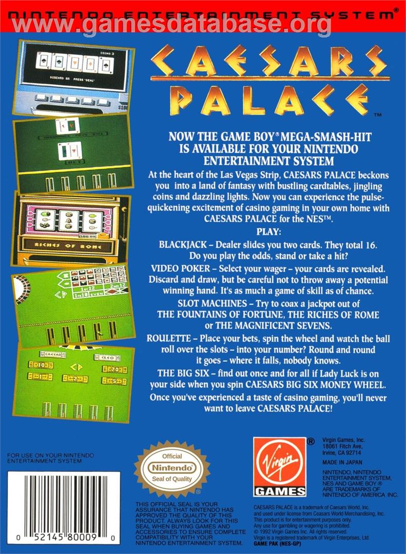 Caesars Palace - Nintendo NES - Artwork - Box Back