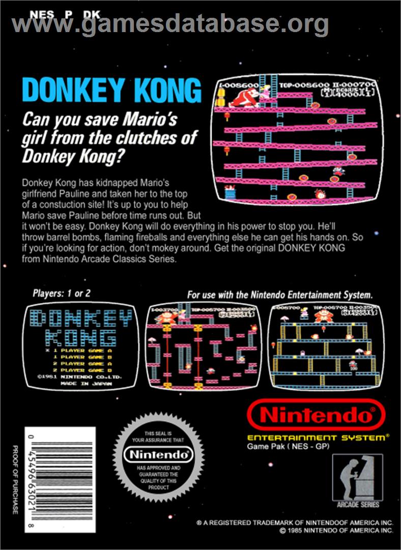 Donkey Kong - Nintendo NES - Artwork - Box Back