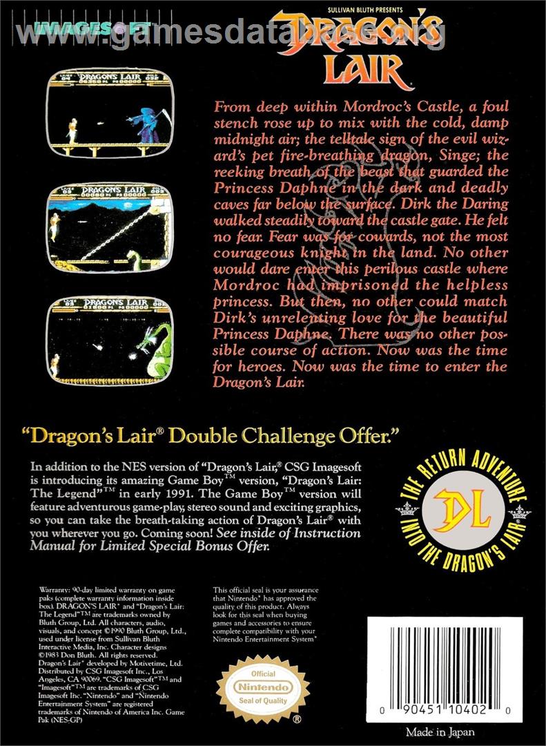 Dragon's Lair - Nintendo NES - Artwork - Box Back