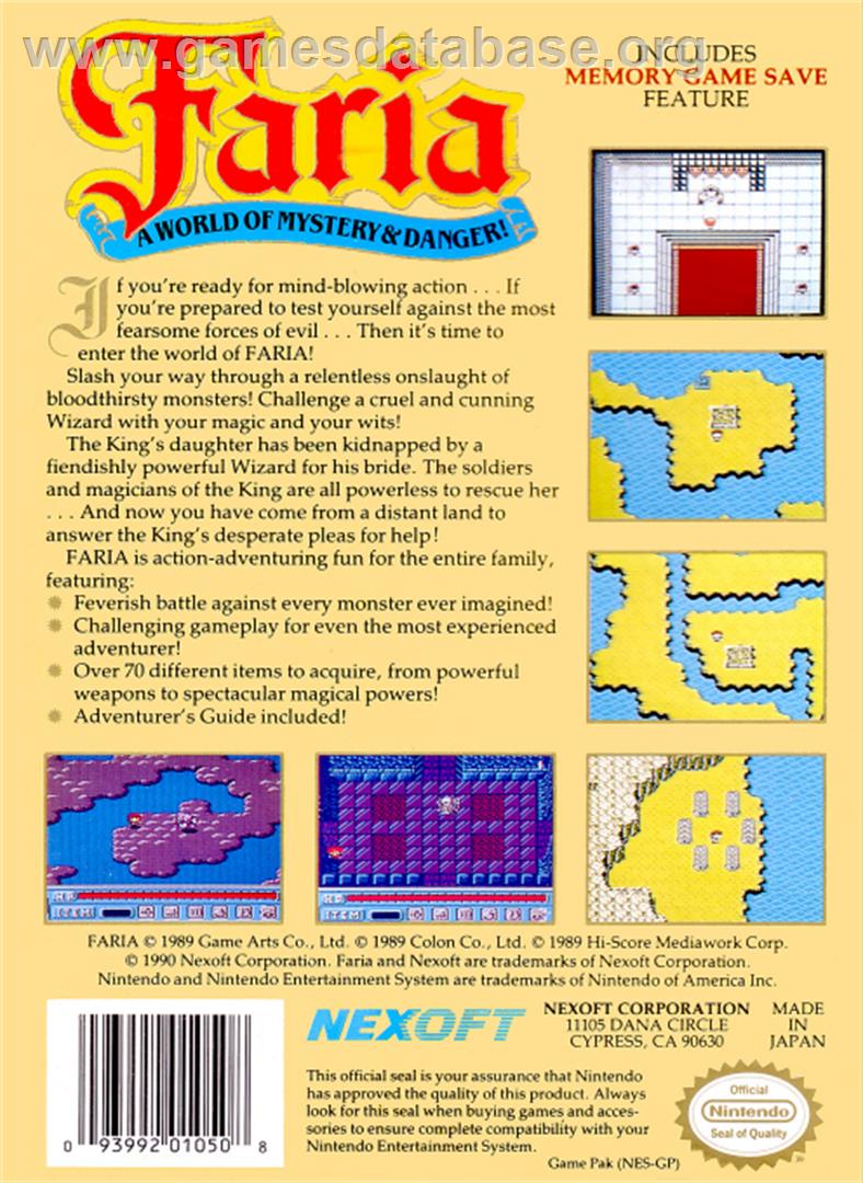 Faria: A World of Mystery and Danger - Nintendo NES - Artwork - Box Back