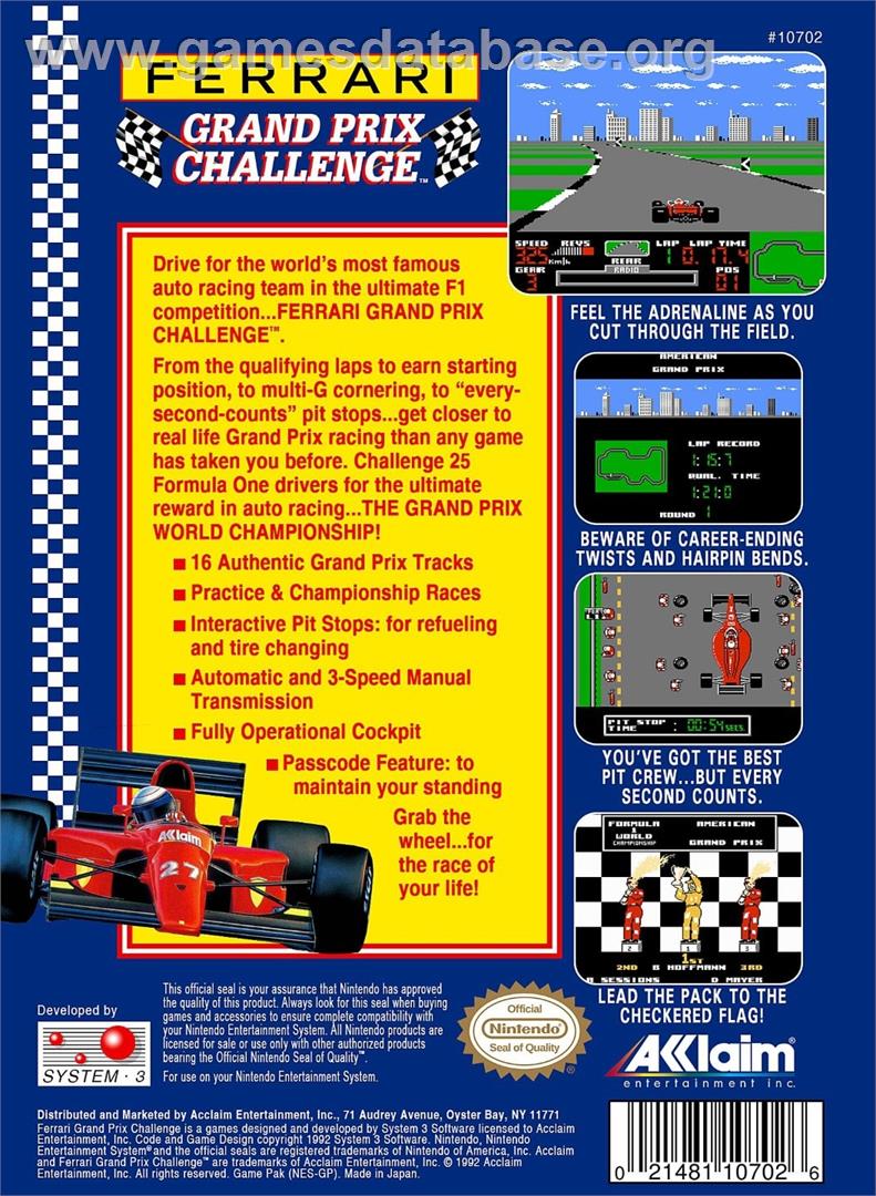 Ferrari Grand Prix Challenge - Nintendo NES - Artwork - Box Back