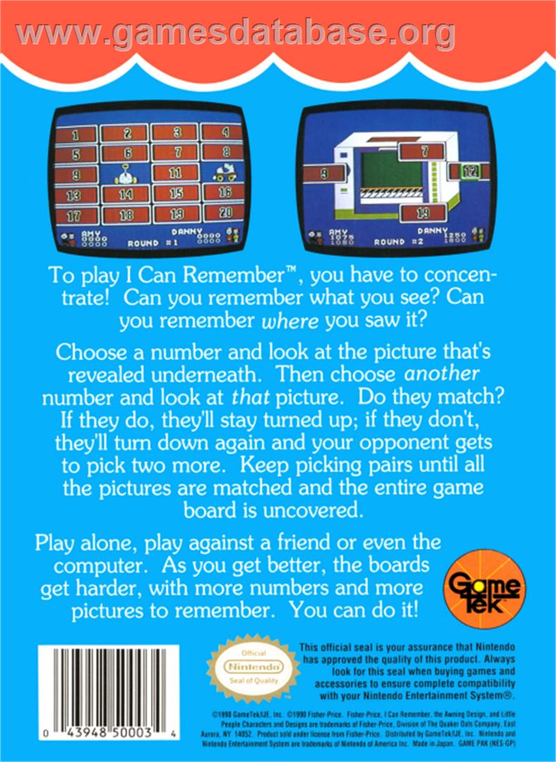 Fisher-Price: I Can Remember - Nintendo NES - Artwork - Box Back
